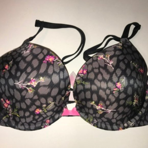 LAST CHANCE -Victoria Secret Black Floral Push Up Bra 32C - Picture 1 of 3
